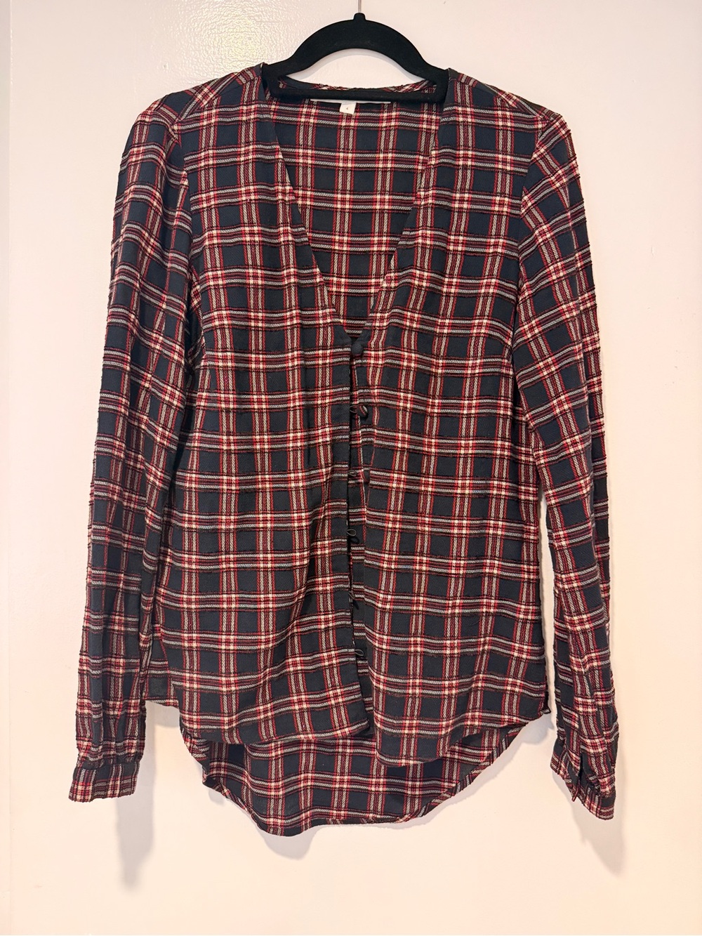 Veronica Beard Plaid Button-Front Long-Sleeve Top - Red/Navy/Shimmer